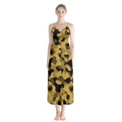 Black Yellow Brown Camouflage Pattern Button Up Chiffon Maxi Dress by SpinnyChairDesigns