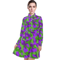 Purple And Green Camouflage Long Sleeve Chiffon Shirt Dress by SpinnyChairDesigns