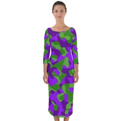 Purple And Green Camouflage Quarter Sleeve Midi Bodycon Dress by SpinnyChairDesigns