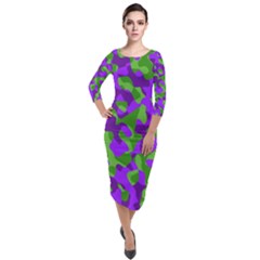 Purple And Green Camouflage Quarter Sleeve Midi Velour Bodycon Dress by SpinnyChairDesigns