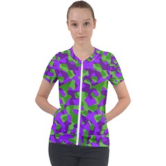 Purple And Green Camouflage Short Sleeve Zip Up Jacket by SpinnyChairDesigns