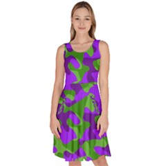 Purple And Green Camouflage Knee Length Skater Dress With Pockets by SpinnyChairDesigns