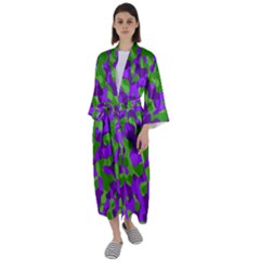 Purple And Green Camouflage Maxi Satin Kimono by SpinnyChairDesigns