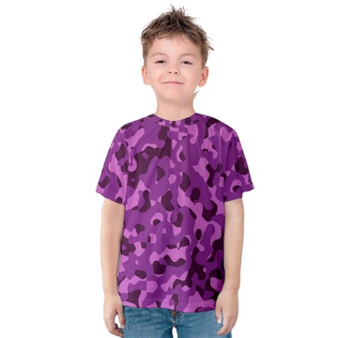 Dark Purple Camouflage Pattern Kids  Cotton Tee by SpinnyChairDesigns