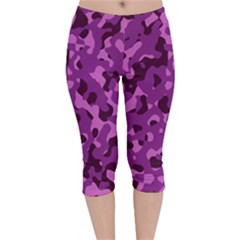 Dark Purple Camouflage Pattern Velvet Capri Leggings  by SpinnyChairDesigns