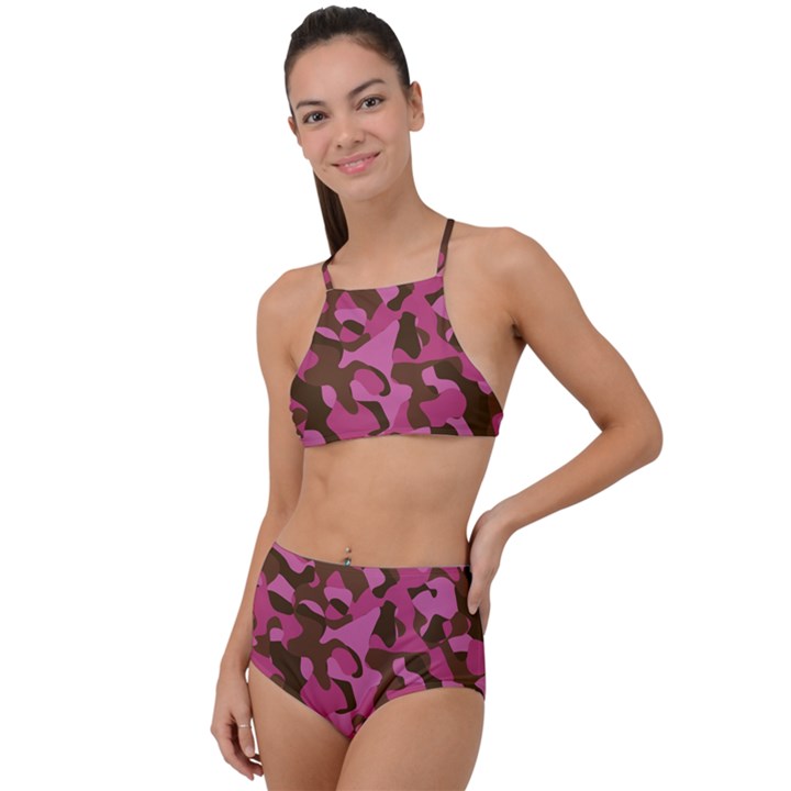 Pink and Brown Camouflage High Waist Tankini Set