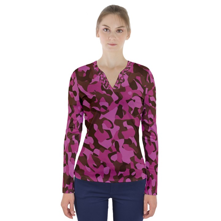 Pink and Brown Camouflage V-Neck Long Sleeve Top