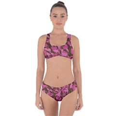 Pink And Brown Camouflage Criss Cross Bikini Set by SpinnyChairDesigns