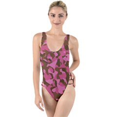 Pink And Brown Camouflage High Leg Strappy Swimsuit by SpinnyChairDesigns