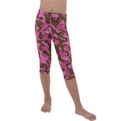 Pink And Brown Camouflage Kids  Lightweight Velour Capri Leggings  by SpinnyChairDesigns