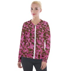 Pink And Brown Camouflage Velour Zip Up Jacket by SpinnyChairDesigns