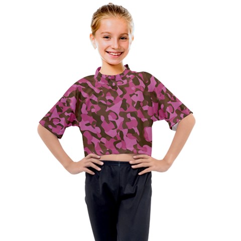 Pink And Brown Camouflage Kids Mock Neck Tee by SpinnyChairDesigns