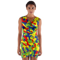 Colorful Rainbow Camouflage Pattern Wrap Front Bodycon Dress by SpinnyChairDesigns