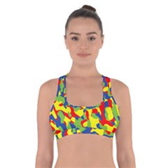 Colorful Rainbow Camouflage Pattern Cross Back Sports Bra by SpinnyChairDesigns