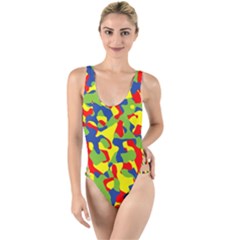 Colorful Rainbow Camouflage Pattern High Leg Strappy Swimsuit by SpinnyChairDesigns