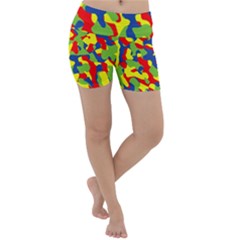 Colorful Rainbow Camouflage Pattern Lightweight Velour Yoga Shorts by SpinnyChairDesigns