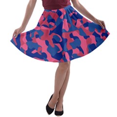 Blue And Pink Camouflage Pattern A-line Skater Skirt by SpinnyChairDesigns