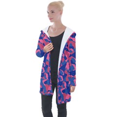 Blue And Pink Camouflage Pattern Longline Hooded Cardigan by SpinnyChairDesigns