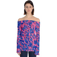 Blue And Pink Camouflage Pattern Off Shoulder Long Sleeve Top by SpinnyChairDesigns