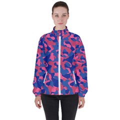 Blue And Pink Camouflage Pattern Women s High Neck Windbreaker by SpinnyChairDesigns