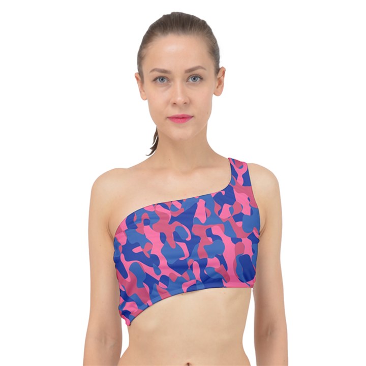 Blue and Pink Camouflage Pattern Spliced Up Bikini Top 