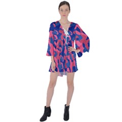 Blue And Pink Camouflage Pattern V-neck Flare Sleeve Mini Dress by SpinnyChairDesigns