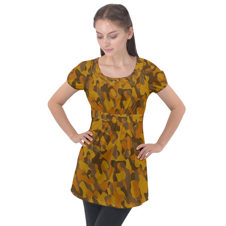 Brown and Orange Camouflage Puff Sleeve Tunic Top