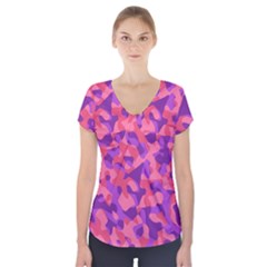 Pink And Purple Camouflage Short Sleeve Front Detail Top by SpinnyChairDesigns