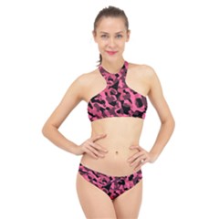 Black And Pink Camouflage Pattern High Neck Bikini Set by SpinnyChairDesigns