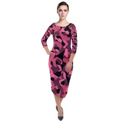 Black And Pink Camouflage Pattern Quarter Sleeve Midi Velour Bodycon Dress by SpinnyChairDesigns