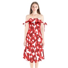 Red And White Camouflage Pattern Shoulder Tie Bardot Midi Dress by SpinnyChairDesigns