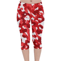 Red And White Camouflage Pattern Velvet Capri Leggings  by SpinnyChairDesigns