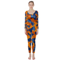 Blue And Orange Camouflage Pattern Long Sleeve Catsuit by SpinnyChairDesigns