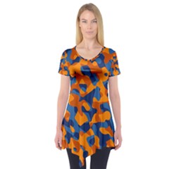 Blue And Orange Camouflage Pattern Short Sleeve Tunic  by SpinnyChairDesigns