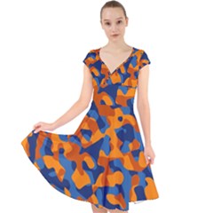 Blue And Orange Camouflage Pattern Cap Sleeve Front Wrap Midi Dress by SpinnyChairDesigns