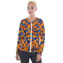 Blue And Orange Camouflage Pattern Velour Zip Up Jacket by SpinnyChairDesigns