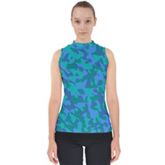 Blue Turquoise Teal Camouflage Pattern Mock Neck Shell Top by SpinnyChairDesigns