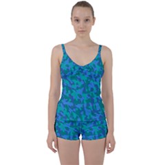 Blue Turquoise Teal Camouflage Pattern Tie Front Two Piece Tankini by SpinnyChairDesigns