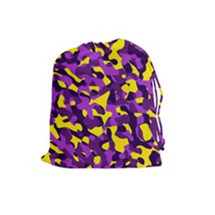 Purple And Yellow Camouflage Pattern Drawstring Pouch (large) by SpinnyChairDesigns