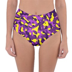 Purple And Yellow Camouflage Pattern Reversible High-waist Bikini Bottoms by SpinnyChairDesigns