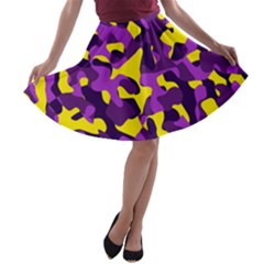 Purple And Yellow Camouflage Pattern A-line Skater Skirt by SpinnyChairDesigns