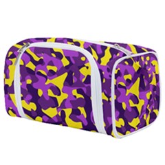 Purple And Yellow Camouflage Pattern Toiletries Pouch by SpinnyChairDesigns