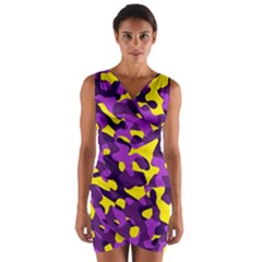 Purple And Yellow Camouflage Pattern Wrap Front Bodycon Dress by SpinnyChairDesigns