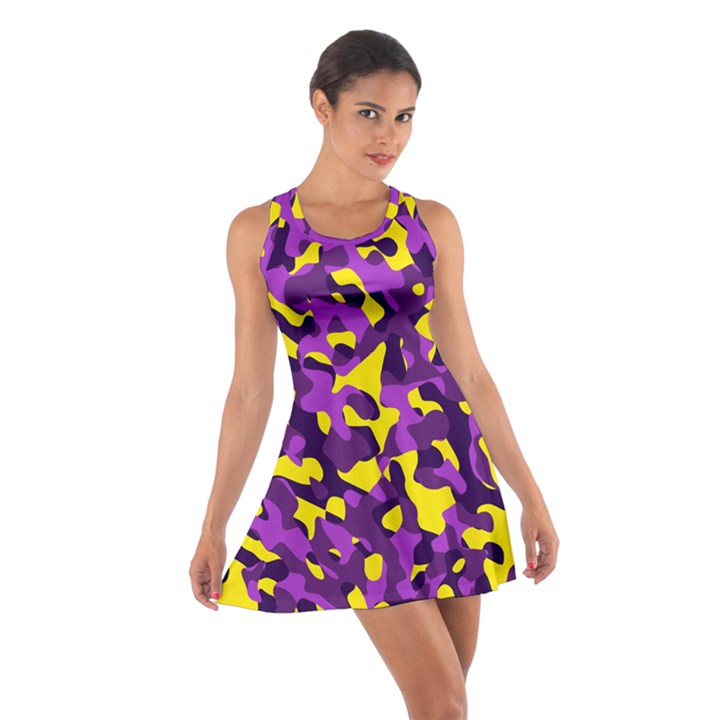 Purple and Yellow Camouflage Pattern Cotton Racerback Dress