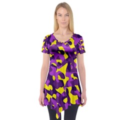 Purple And Yellow Camouflage Pattern Short Sleeve Tunic  by SpinnyChairDesigns