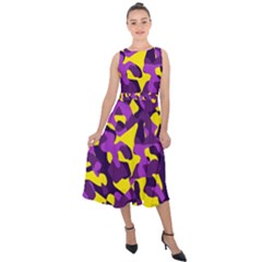 Purple And Yellow Camouflage Pattern Midi Tie-back Chiffon Dress by SpinnyChairDesigns