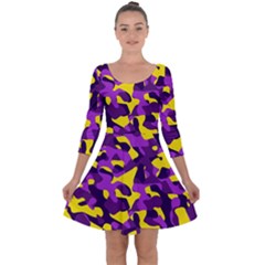 Purple And Yellow Camouflage Pattern Quarter Sleeve Skater Dress by SpinnyChairDesigns