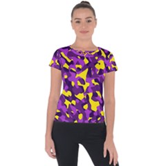 Purple And Yellow Camouflage Pattern Short Sleeve Sports Top  by SpinnyChairDesigns