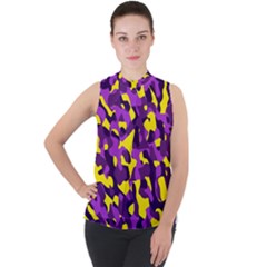 Purple And Yellow Camouflage Pattern Mock Neck Chiffon Sleeveless Top by SpinnyChairDesigns