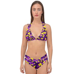 Purple And Yellow Camouflage Pattern Double Strap Halter Bikini Set by SpinnyChairDesigns